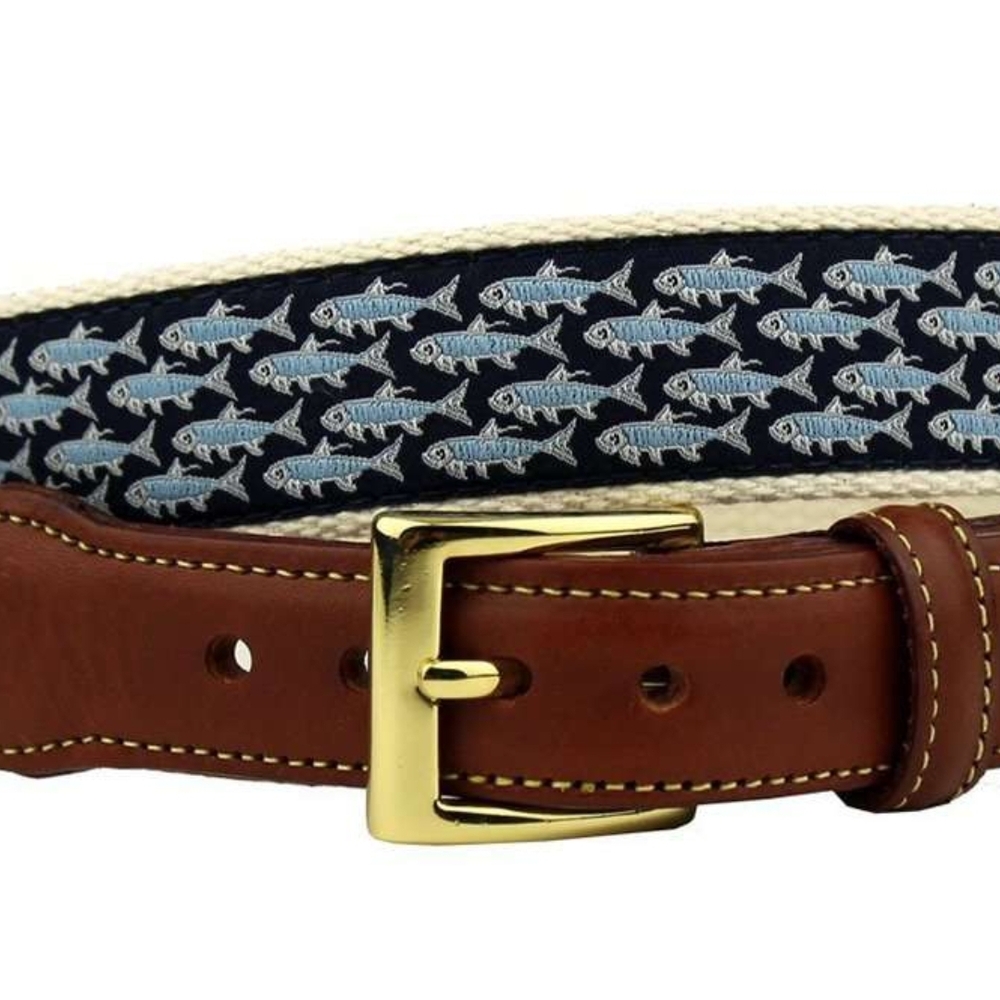 Tarpon School's Out for Summer Leather Tab Belt in Navy by Country Club Prep